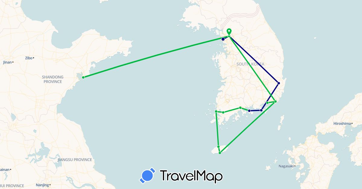 TravelMap itinerary: driving, bus in China, South Korea (Asia)